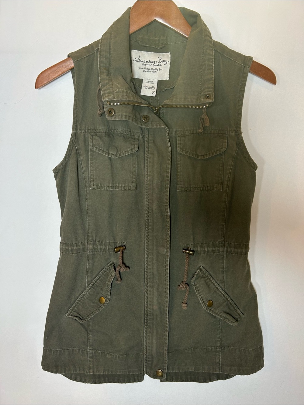 American Rag Cie Olive Green Utility Cargo Vest Drawstring Mock Neck Full Zip S